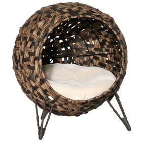 20.5" Weaved Cat Bed, Elevated Hand-woven Braided Banana Leaf Kitten House Condo with Cushion, Brown (Option: Brown-540x460x590 mm)