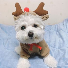 Warm Dog Sweater Christmas Elk Costume Drawstring Hooded Sweatshirt For Small & Medium Dogs (Color: Apricot, Size: L)