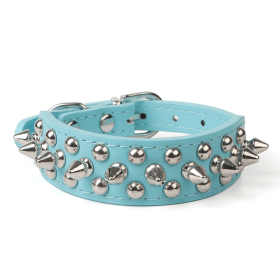 Spiked Studded Leather Dog Collar Rivets Pet Small Large Cat Pit Bull Adjustable (Color: Blue, size: L)