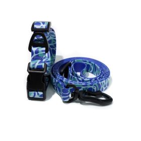 Trendy Printed PVC Dog Leash & Collar Set | Waterproof Heavy Duty Pet Lead (Pattern: Blue Wave Print, Size: S)