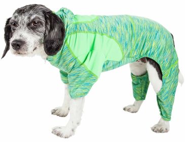 Pet Life Active 'Downward Dog' Heathered Performance 4-Way Stretch Two-Toned Full Body Warm Up Hoodie (Color: Green, Size: large)