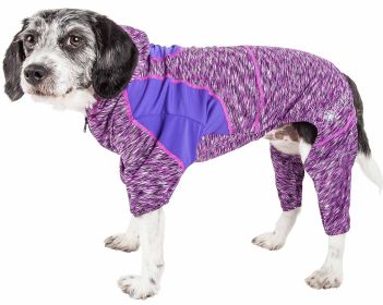 Pet Life Active 'Downward Dog' Heathered Performance 4-Way Stretch Two-Toned Full Body Warm Up Hoodie (Color: purple, Size: large)