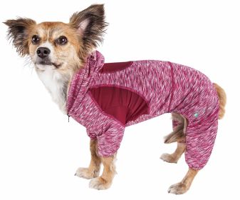 Pet Life Active 'Downward Dog' Heathered Performance 4-Way Stretch Two-Toned Full Body Warm Up Hoodie (Color: Red, Size: large)