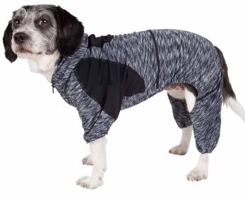 Pet Life Active 'Downward Dog' Heathered Performance 4-Way Stretch Two-Toned Full Body Warm Up Hoodie (Color: Black, Size: large)