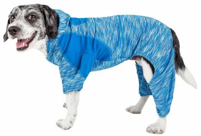 Pet Life Active 'Downward Dog' Heathered Performance 4-Way Stretch Two-Toned Full Body Warm Up Hoodie (Color: Blue, Size: small)