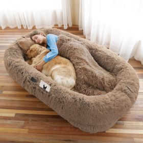 Human Dog Bed, Large Size Fits You and Pets, Washable Faux Fur Dog Bed for People Doze Off, Napping Orthopedic Dog Bed, Present Plump Pillow, Blanket, (Color: Khaki, Size: 6XL(71"L x 45"W x 12"Th))